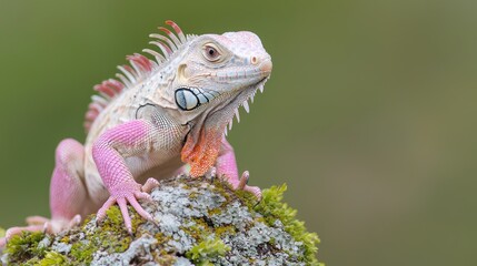 Fototapeta premium Pink iguana perched on moss, nature background, wildlife photography, exotic pet
