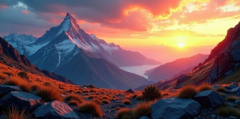Mountainous landscape with rough splash textures and sunrise hues, rough, landscape, terrain