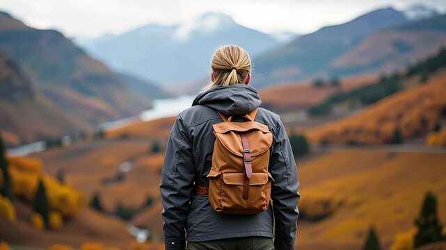 active mature caucasian woman hiking travelling in mountains with backpack