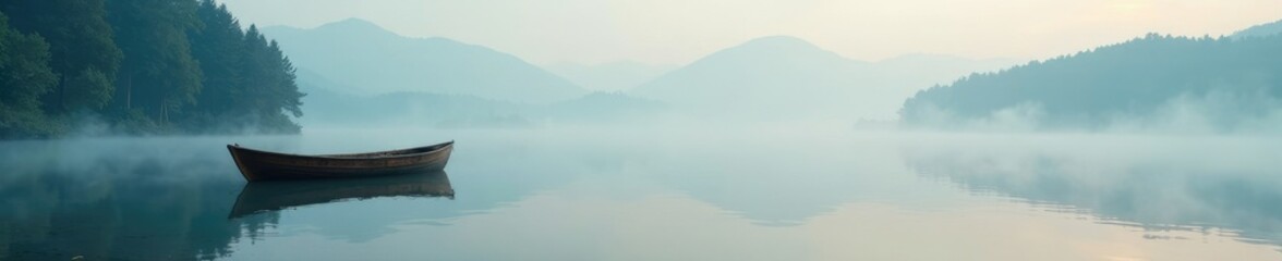 Misty fog rises from lake surface, wooden boat serene, wooden, boat, water