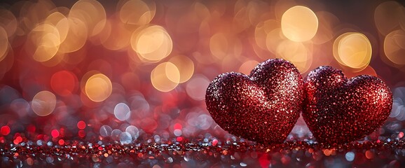 Glittery hearts on red bokeh; Valentine's Day card