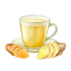 Drink with ginger and turmeric in a glass cup and saucer. Watercolor illustration is hand drawn and isolated from the background. For design of packaging, menus, recipes