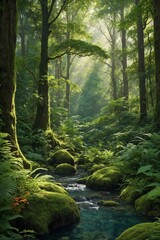 Obraz premium A tranquil forest scene with a flowing stream, lush greenery, and dappled sunlight filtering through the trees 