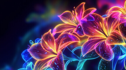 Obraz premium Neon Glowing Flowers Art. Vibrant neon flowers glowing against a dark background, perfect for digital art, parties, and modern designs.