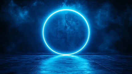 Glowing blue circle backdrop, smoky studio