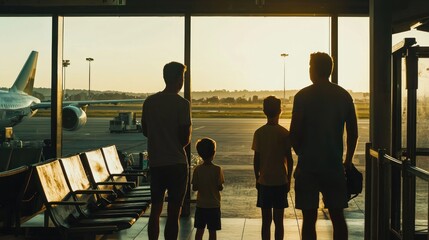 Family silhouette at airport departure, watching plane