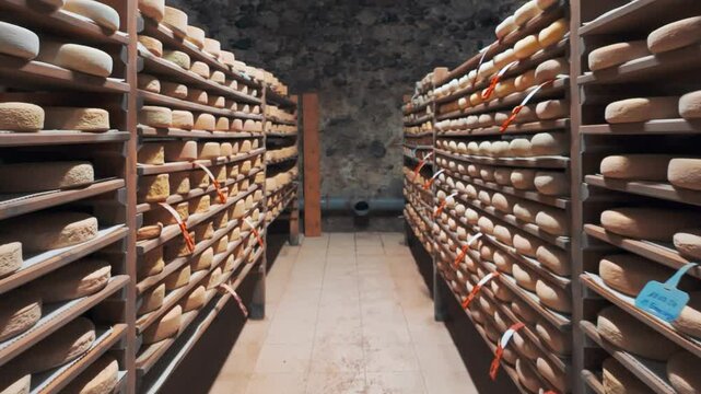 Aging cheese on wooden shelves in a maturing cellar in the Pyrenees Mountains