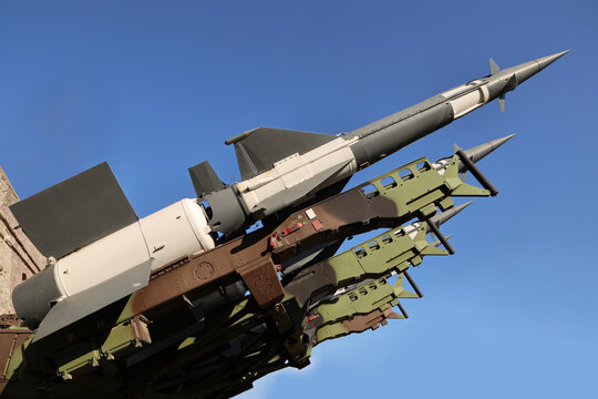 side View of the air defense missile system on self propelled launching weapon. Missiles are aimed at the sky. Nuclear bomb, chemical weapons, missile defense. Russian missiles. Ukrainian air defense.