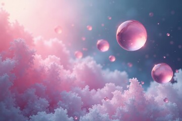 Obraz premium Delicate pink orbs suspended in air amidst ethereal mist, dreamy atmosphere, pastel colors, serene ambiance