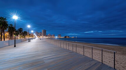 Obraz premium Coastal boardwalk at dawn, with city skyline, serene beach scene, photo