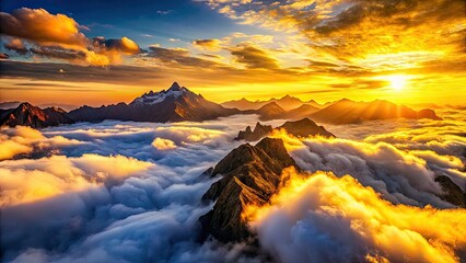 Aerial view: Sunrise illuminates high-altitude mountains piercing a sea of clouds.