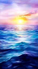 Naklejka premium Serene Ocean Sunset: Watercolor Seascape - Watercolor Textures