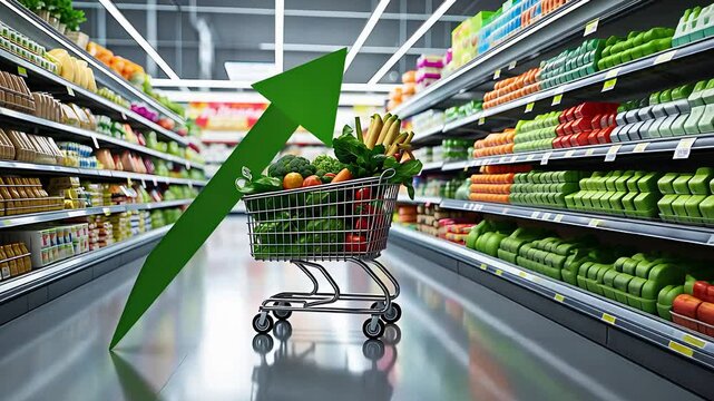 Shopping Cart Filled with Groceries in a Supermarket Aisle with a Large Green Arrow Indicating Rising Food Prices

