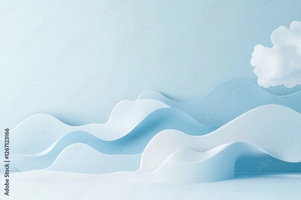 Aufkleber Soft blue wave shapes and fluffy cloud create a serene and minimalistic backdrop for creative designs. Generative AI