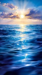 Obraz premium Serene Sunset Ocean: Blue Water, Golden Rays - Painterly style