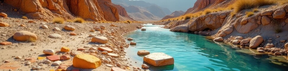 A colorful mosaic of broken ceramic tiles scattered around a dry riverbed, arid, riverbed, shattered
