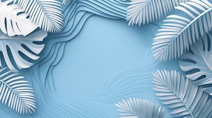 Abstract Blue Background with White Tropical Leaves