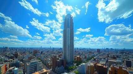 Fototapeta premium Skyscraper Towering Over Urban Landscape Under Bright Blue Sky with Fluffy Clouds in Background