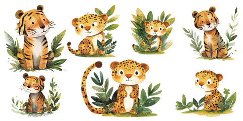Obraz premium Charming collection of illustrated jungle animals showcasing playful leopards and tigers among lush greenery