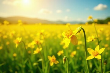 Obraz premium Sunny field of yellow flowers with curved stems, sunny, flowers