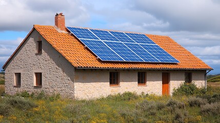 Fototapeta premium Solar-powered house with blue panels on the roof surrounded by lush green landscape under a cloudy sky