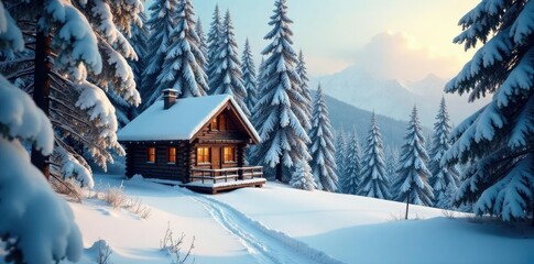 Naklejka premium Snow-covered trees surround a small wooden cabin in winter, woods, winter