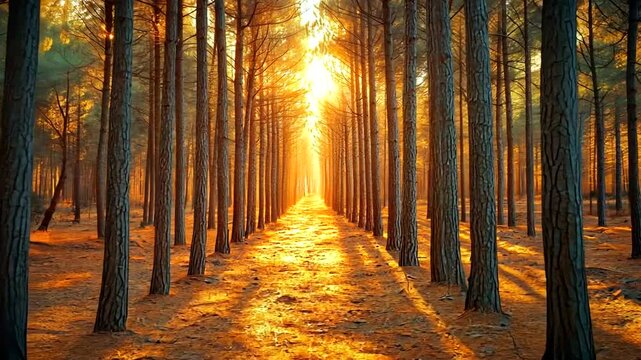 Serene forest path illuminated by golden sunset light