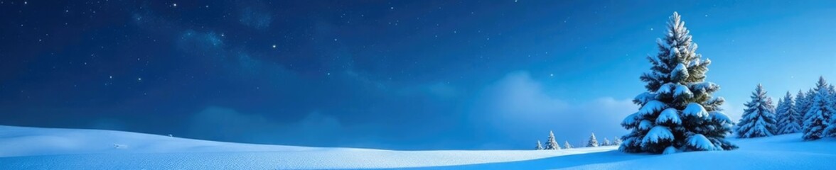 Fototapeta premium Snow-covered evergreen tree against dark blue winter sky with twinkling stars, snowy, landscape