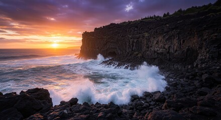 Fototapeta premium Dramatic Coastal Cliff at Sunset with Crashing Waves and Colorful Sky