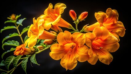 Obraz premium Cape Honeysuckle's (Tecoma capensis) fiery orange flowers explode with color in this high-depth-of-field macro shot, set against black.