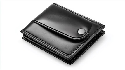 Photorealistic image of a black leather coin wallet with a snap closure, isolated on a white background
