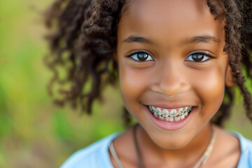 Cheerful African American girl with braces, showcasing orthodontic care for a healthy, confident smile
