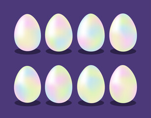 Cute Gradient Easter Eggs Set. Set of realistic Easter eggs isolated on transparent background. Holographic coloring eggs. Rainbow gradient icons.Easter Design Element for holiday card, banner, poster