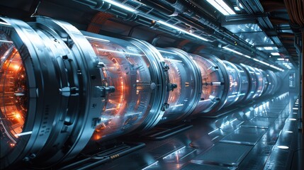 Futuristic High-Tech Industry Interior with Advanced Machinery and Bright Energy Tubes in a Sleek Environment