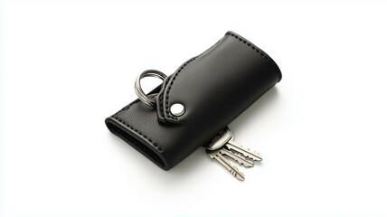 Photorealistic image of a black leather key pouch with a snap closure, isolated on a white background
