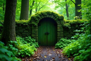 Moss-covered green gates blending into the surroundings like a natural part of the forest, arboreal, emerald green, green gates