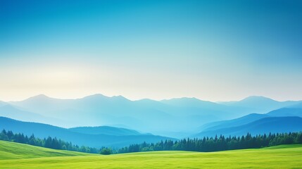 Obraz premium Scenic Landscape of Rolling Hills, Forest, and Mountains Under Clear Blue Sky