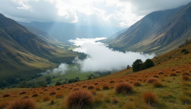 Misty veil rises from the valley floor around Slioch, Scotland, nature, valley