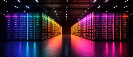 Long row of servers in a futuristic augmented reality warehouse environment with advanced technology