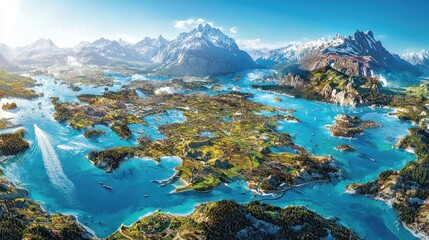 Panoramic aerial view of a fjord city, mountains, and waterways