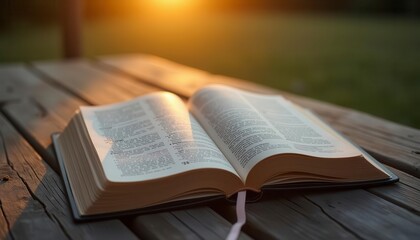 Open Bible on Wooden Picnic Table at Sunset