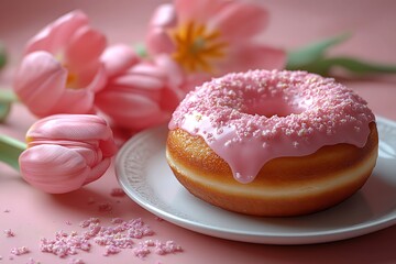 Pink Frosted Donut with Sprinkles on White Plate Surrounded by Pink Tulips
