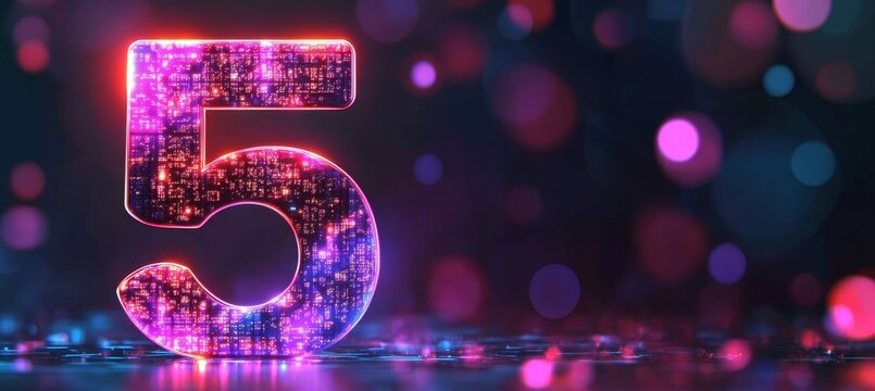 Futuristic glowing 3d number  5  on an abstract digital background for modern design concepts