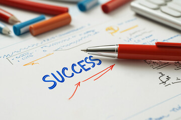 Success Roadmap: A red pen rests on a notepad, pointing towards the word "SUCCESS" written in blue, surrounded by financial charts and colorful markers, symbolizing planning and goal achievement.