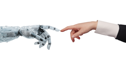 White cyborg robotic hand pointing his finger to human hand with stretched finger - cyber la creation - isolated on free PNG background.