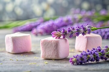 Delicate lavender flowers adorn homemade marshmallows in a still life, captured with high depth of field, showcasing sweet culinary artistry.