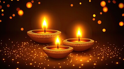 Three illuminated oil lamps on a dark background with glowing orbs and sparkles creating a festive atmosphere