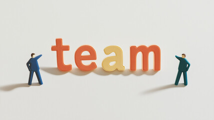 Teamwork Makes the Dream Work: Two miniature figures stand proudly beside the word "team," symbolizing collaboration, unity, and the power of collective effort.