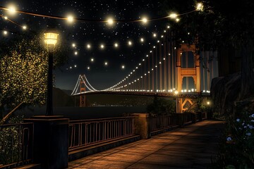 Obraz premium A beautifully illuminated bridge at night, surrounded by nature and soft lighting.