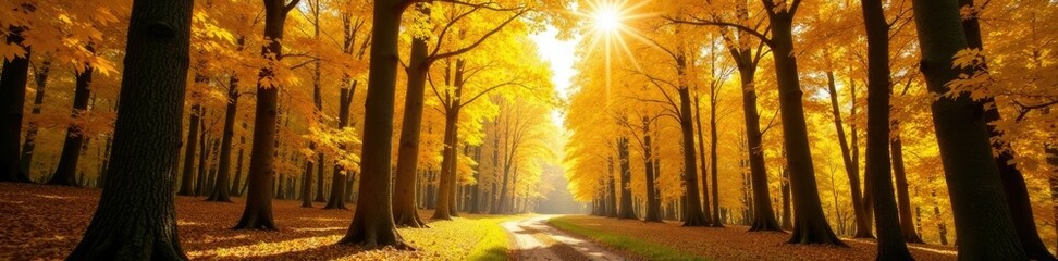 Fototapeta premium Forest canopy of golden aspen trees with dappled sunlight filtering through, natural light, woodland scene, forest